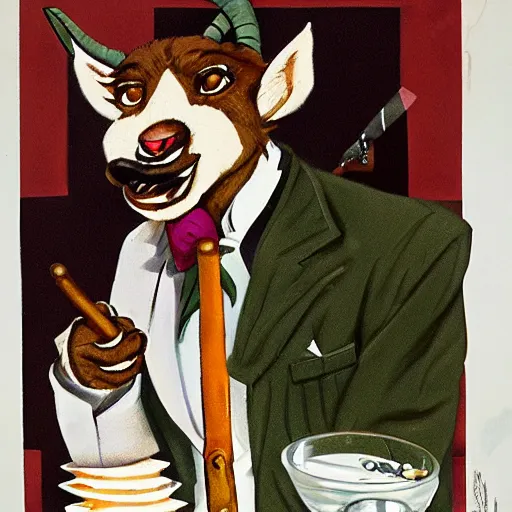 Prompt: award winning character art commission of an anthro furry humanoid goat smoking a cigar, three piece suit, in the style of norman rockwell,