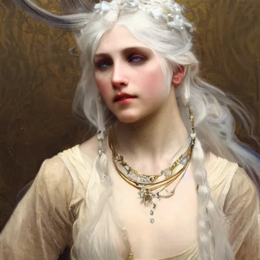 Image similar to a highly detailed beautiful white haired woman, adorned with precious stones and thin gold tendrils, by jeremy mann, by alphonse mucha, by william - adolphe bouguereau, 4 k resolution, trending on artstation, very very detailed, masterpiece, stunning, intricate,