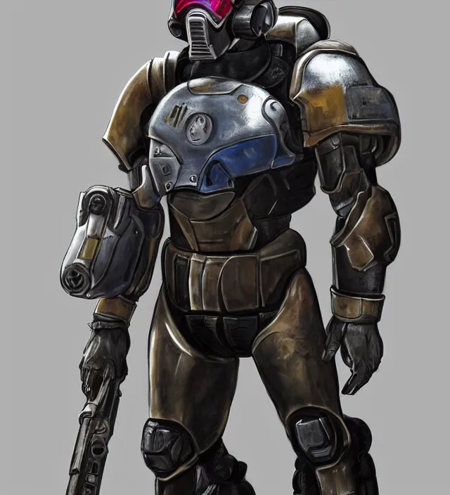 Prompt: a character portrait of a soldier wearing powered armor in the style of fallout power - armor and bubblegum crisis powersuit trending on artstation deviantart pinterest hyper detailed photorealistic hd 8 k post - processing high resolution