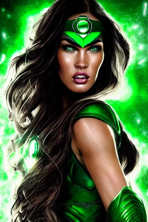 Image similar to majestic and regal portrait of megan fox female green lantern, dc universe, perfect face, beautiful, intricate, epic, elegant, fantasy, highly detailed, digital painting, hard focus, beautiful volumetric lighting, epic light, ultra detailed, by leesha hannigan, ross tran, thierry doizon, kai carpenter, ignacio fernandez rios