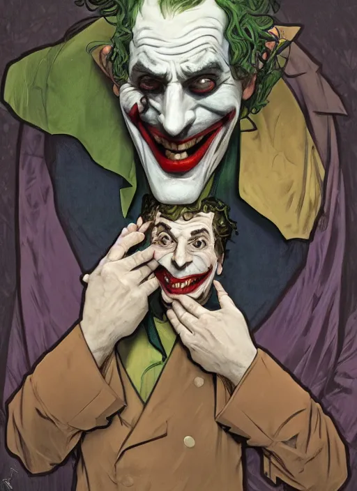 Prompt: a still of a Jewish caricature as the Joker, hooked nose with a convex nasal bridge and a downward turn of the tip of the nose, Gotham city, sigma male, accurately portrayed, portrait art by alphonse mucha and greg rutkowski, highly detailed, digital painting, concept art, illustration, dim lighting with twilight rays of sunlight, trending on artstation, very detailed, smooth, sharp focus, octane render, close up