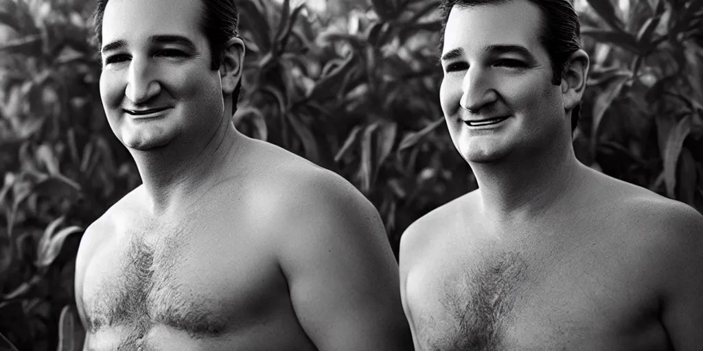 Prompt: impressive portrait of ted cruz shirtless in a tobacco field, professional photography, award winning, artgerm, detailed face, smiling