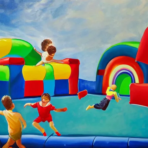 Prompt: a painting of young children jumping in a bouncy castle made of jell - o, with very dramatic lighting,, realistic