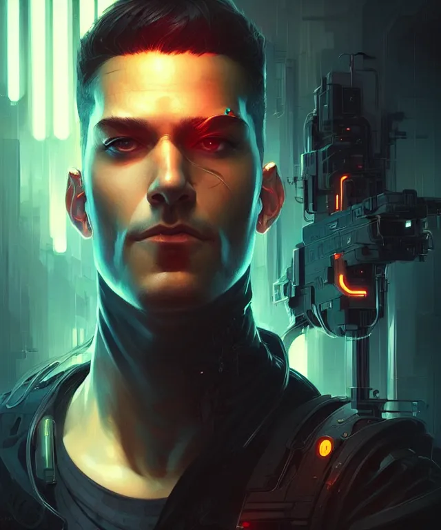 Image similar to Hacker cyberpunk man portrait, highly detailed, digital painting, artstation, concept art, smooth, sharp focus, illustration, art by artgerm and greg rutkowski and alphonse mucha