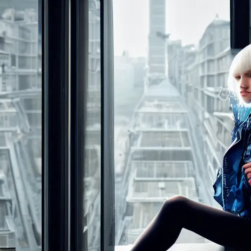 Image similar to 19-year-old Aristocratic platinum-blonde-haired hime-cut blue-eyed French empress wearing white leggings and black jacket, looking out open window, sitting in French apartment, communist city, futuristic city, cyberpunk city, HD photograph