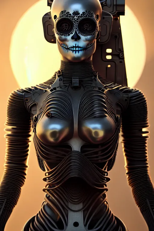 Prompt: ultra detailed Female Android, scifi, fantasy, octane render, (dia de los muertos), intricate details, asymmetrical, movie still, concept art, smooth, Unreal Engine 5, Photorealism, 8k, cinema 4d, 3D, art by artgerm and Godmachine and michael welan and DZO and greg rutkowski and alphonse mucha and loish and WLOP