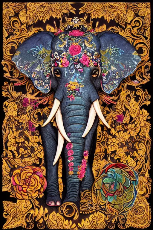 Image similar to Painted dark-wood relief carving of a Flowerpunk Matriarch Elephant, explosion of colorful flowers, dark wood, intricately carved, black ink, festival of rich colors, intricate details, cinematic lighting, volumetric lighting, post-processing, by andreas rocha and john howe, and Martin Johnson Heade, featured on artstation, featured on behance, golden ratio, hyper detailed, photorealistic, epic composition, center spotlight, f32, well composed, UE5, 8k