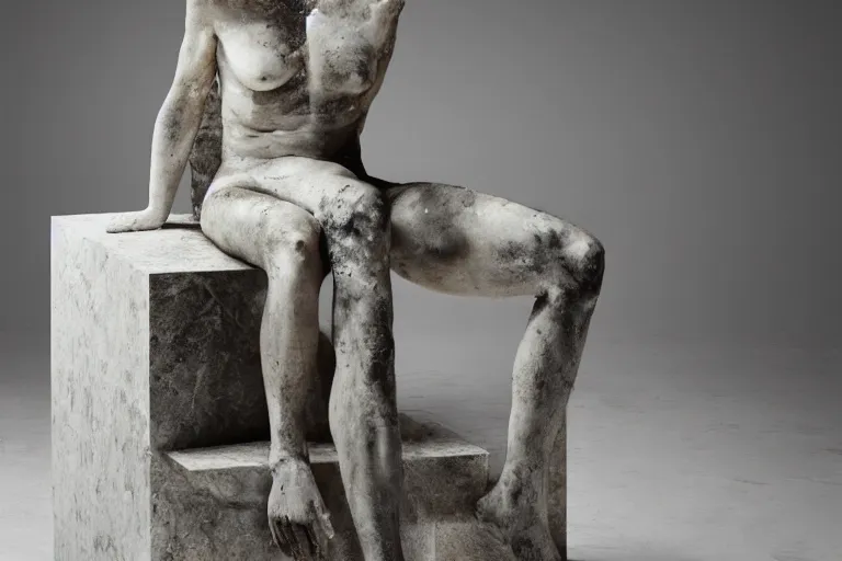 Image similar to a sculpture of a person sitting on top of a chair, a marble sculpture by nicola samori, behance, neo - expressionism, marble sculpture, apocalypse art, made of mist