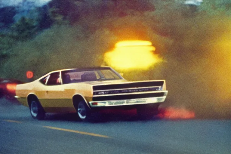 Image similar to movie still 1 9 7 0 s kinetic high - speed car chase ektachrome photograph volumetric lighting f 8 aperture cinematic eastman 5 3 8 4 film bladrunner