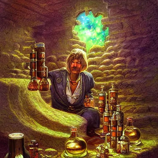 Image similar to A richly detailed fantasy digital art of an ancient vintage apothecary magic arcane nebula healing elixir potion bottle trading card an esoteric blender render by Bob Eggleton