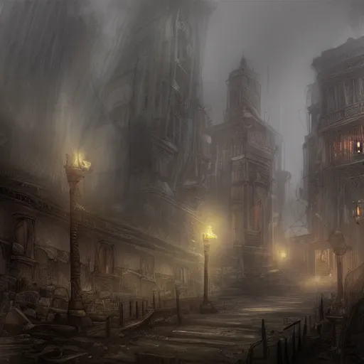 Prompt: a dark steampunk city ruins, concept art, epic, fog, dramatic lighting