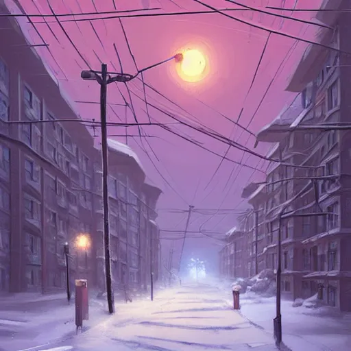 Prompt: a snow covered street with buildings and power lines, concept art by Simon Stålenhag, cgsociety, plein air, concept art, artstation hq, matte drawing