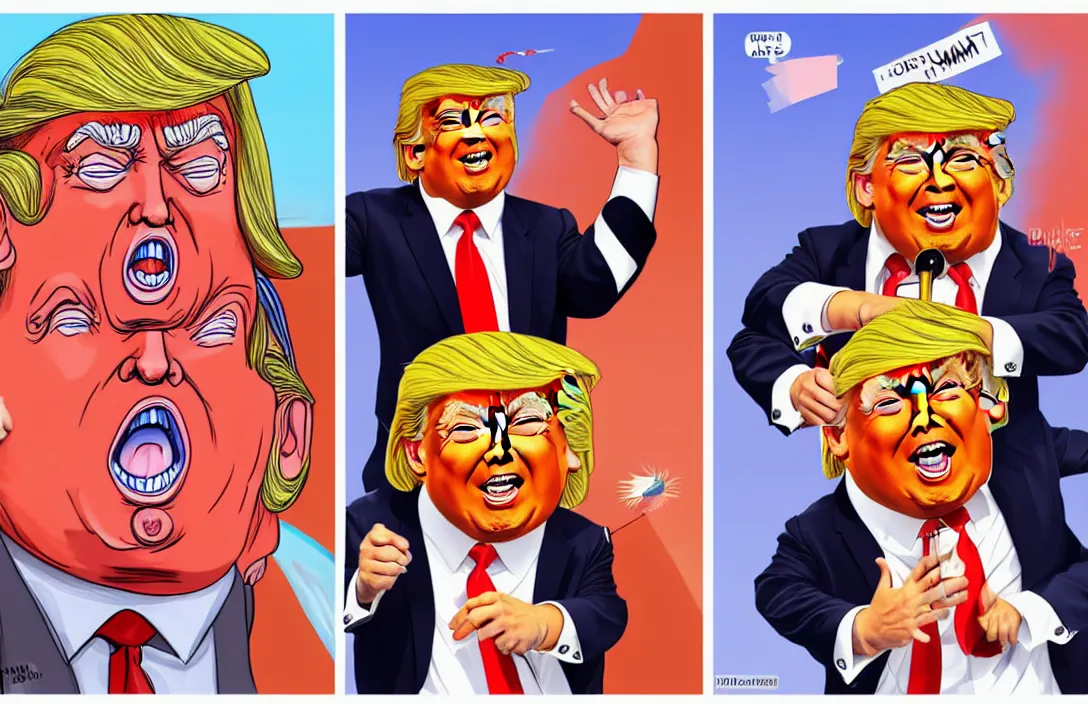 Image similar to donald trump as an oompa loompa, in the style of kim jung gi