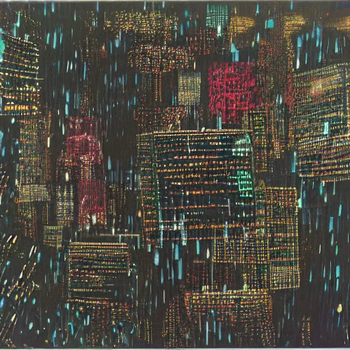 Prompt: a game of tetris in the rain at night in neo - tokyo, by cy twombly