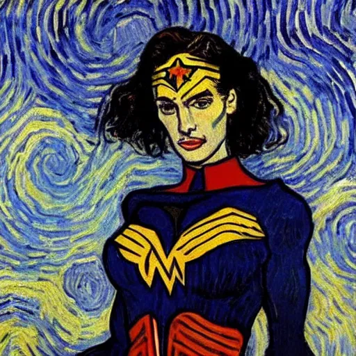 Prompt: Portrait photograph of Gal Godot as Wonder Woman by van Gogh