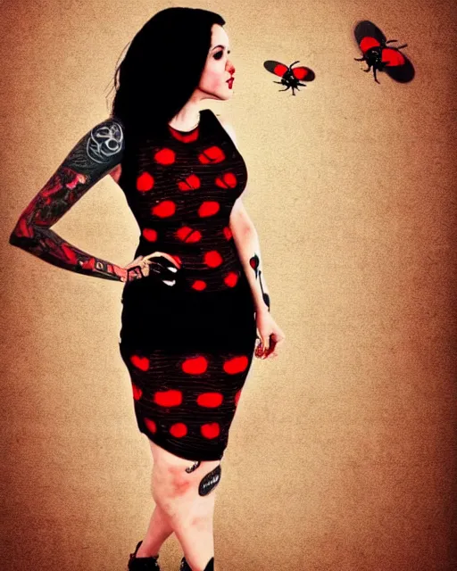 Image similar to cute female with intricate tattoos, crimson - black hair, wearing cute crimson - black bee - themed dress, cinematic lighting, beautiful composition