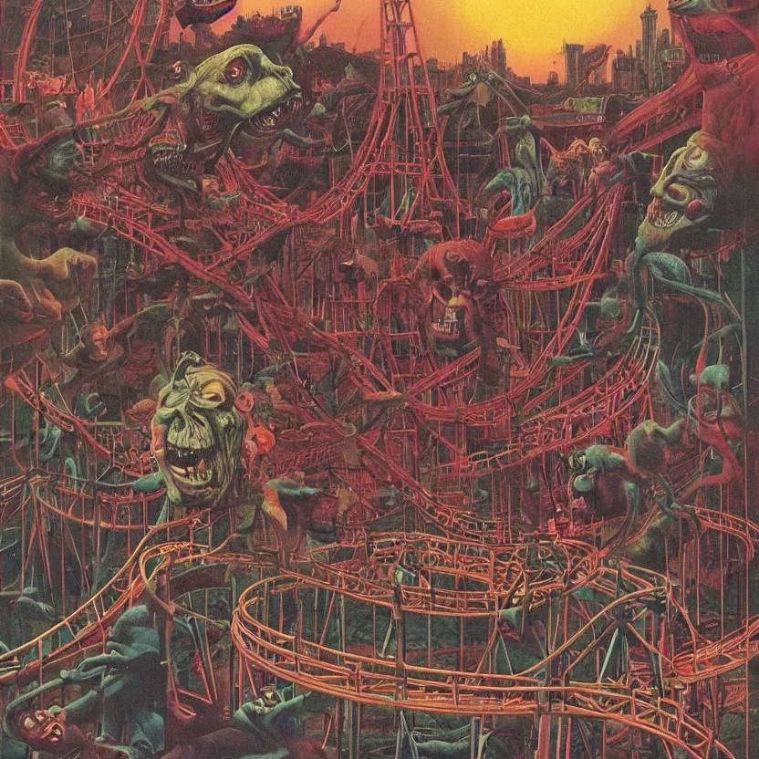 Image similar to an amusement park with rollercoasters, rides, a ferris wheel, and attractions, by richard corben, zdzisław beksinski. goosebumps cover art. pulp horror art.