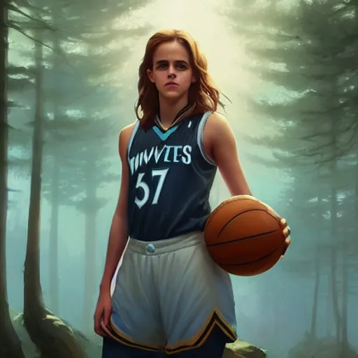 Image similar to portrait of teen emma watson in an nba minnesota timberwolves basketball uniform, fantasy art by greg rutkowski, loish, rhads, ferdinand knab, makoto shinkai and lois van baarle, ilya kuvshinov, rossdraws, tom bagshaw, global illumination, radiant light, detailed and intricate environment