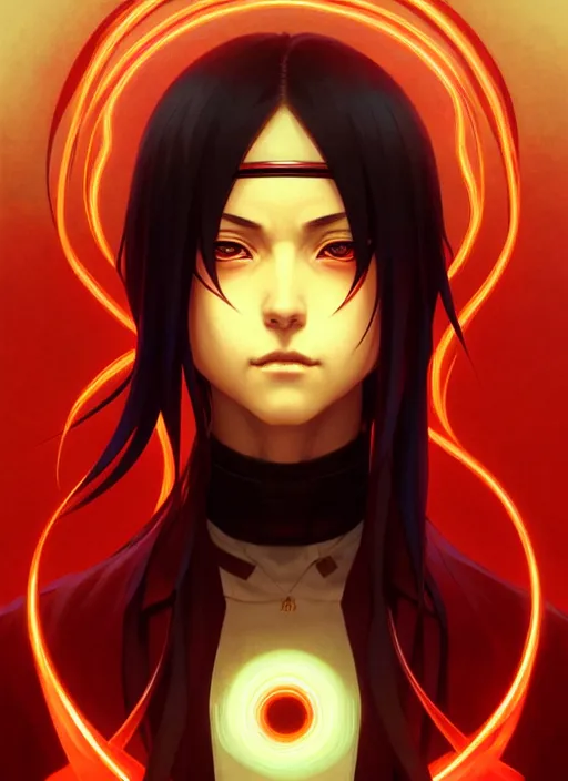 Image similar to symmetry!! itachi, glowing lights!! intricate, elegant, highly detailed, digital painting, artstation, concept art, smooth, sharp focus, illustration, art by artgerm and greg rutkowski and alphonse mucha