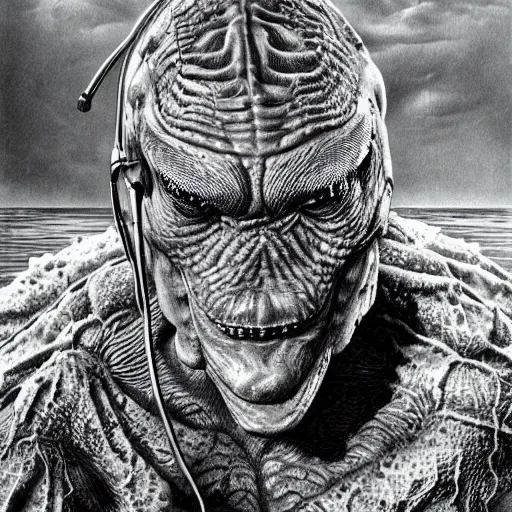 Prompt: highly detailed illustration of gill - man from creature of the black lagoon, hyper realistic, sci - fi horror art