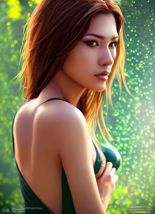 Image similar to photo of a gorgeous female in the style of stefan kostic, realistic, half body shot, sharp focus, 8 k high definition, insanely detailed, intricate, elegant, art by stanley lau and artgerm, extreme bokeh foliage