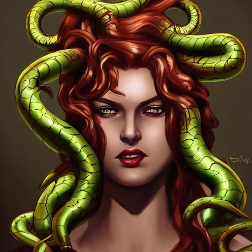 Image similar to medusa painting, comic style, seductive, dynamic lighting, artstation, detailed, blurred background