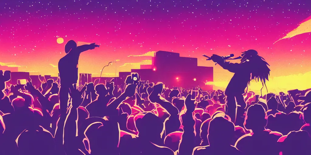 Image similar to rapping into microphone, silhouette, huge crowd, outrun, hip hop, digital art, Aurora borealis, trending on Artstation, professional artist, detailed, 4k