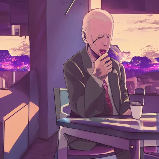 Prompt: anime joe biden eating ice cream, 3 5 mm film still, wired landscape, cyberpunk, volumetric lighting, photo realistic, digital art, anime background, violet colour palette, very detailed faces