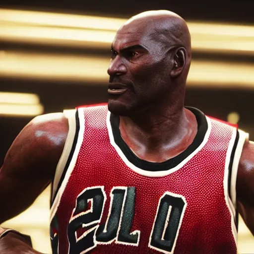 Image similar to a videogame still of Michael Jordan in Tekken 7, 40mm lens, shallow depth of field, split lighting