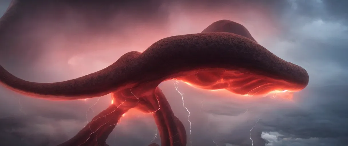 Image similar to a giant octopus tentacle hanging from the clouds over a rain forest, lightning storm and sun rays, ambient light, a volcano erupte, still from the movie the arrival, 8k