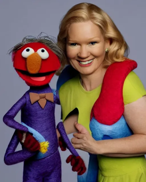 Prompt: angela martin as a muppet. highly detailed felt. hyper real photo. 4 k.