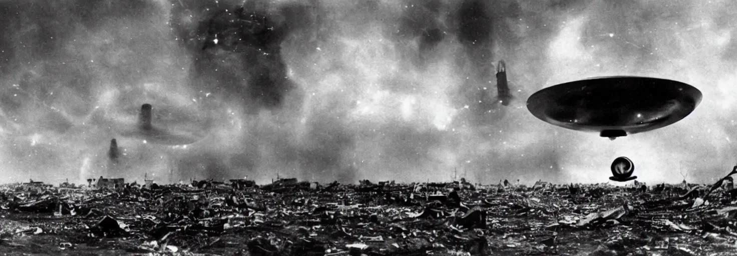 Image similar to Invasion of an alien life form in Germany, black and white photography, World War II, destruction, ufo, flying saucers, laser weapons, outerspace, technology