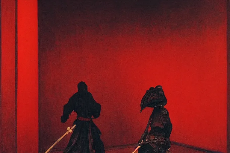 Image similar to only with red, a red samurai harakiri, tokio, a lot of frogs watch, in the style of beksinski, parts by edward hopper, parts by rodcenko, parts by yue minjun, intricate and epic composition, red by caravaggio, insanely quality, highly detailed, masterpiece, red light, artstation, 4 k