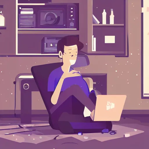 Prompt: a skinny computer nerd guy sitting on the floor of his room, crossed legs, laptop, smartphone, video games, tv, books, potions, jars, shelves, knick knacks, tranquil, calm, sparkles in the air, magic aesthetic, fantasy aesthetic, faded effect, illustration, digital illustration, detailed, highly detailed, 4K