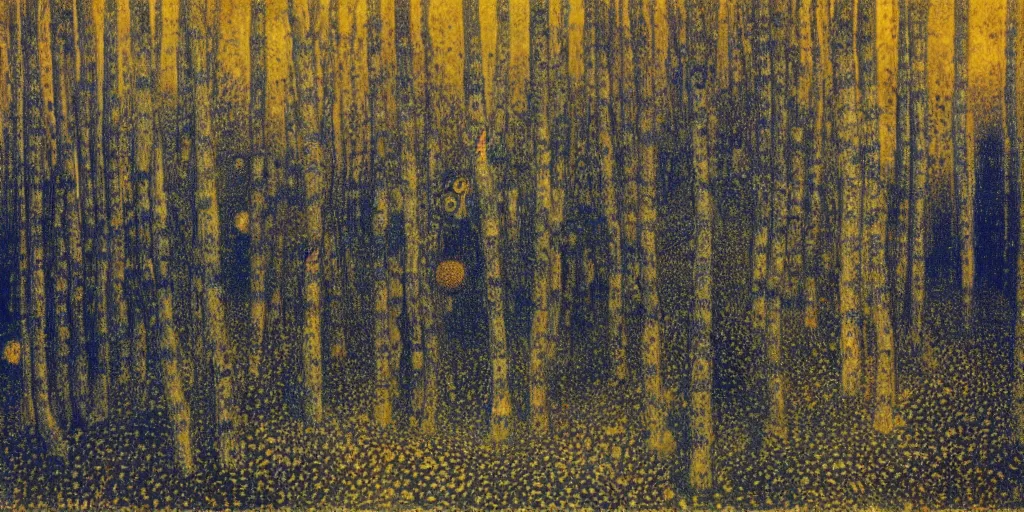 Prompt: a dark foggy golden blue forest, Tarkovsky style, eerie, pulsating , Ernst Haeckel, Klimt, Henri Rousseau