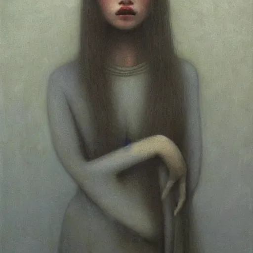 Prompt: young female in grey dress painting by Beksinski