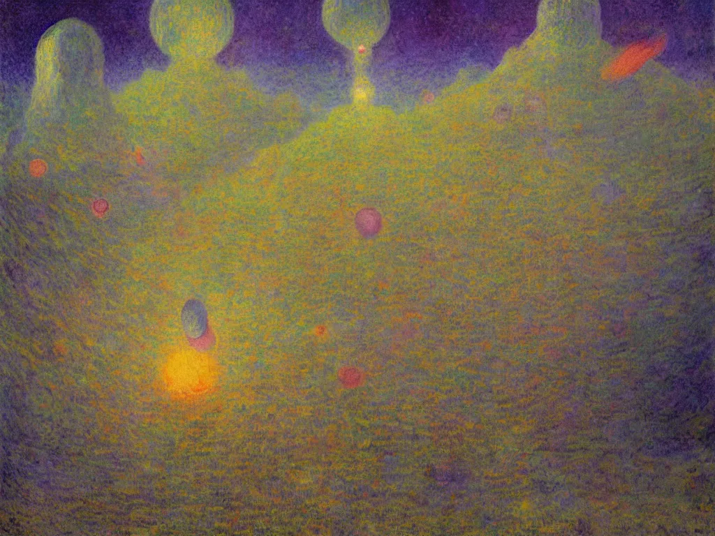 Image similar to study of the psychedelics dream bot mothership firefly net over the sublime sacred rock. painting by mikalojus konstantinas ciurlionis, monet, bosch, wayne barlowe, agnes pelton, rene magritte