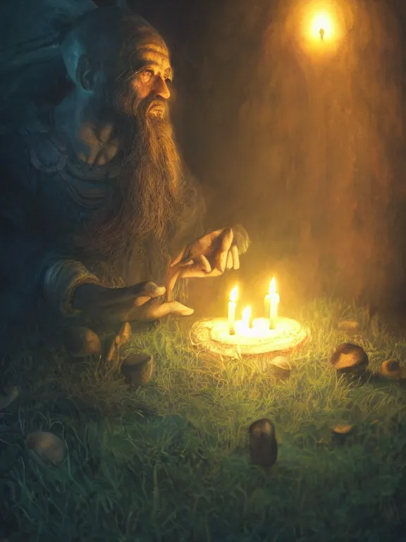 Image similar to fine painting of a wizard from an ancient culture with mushrooms growing from his body, candlelight, 8 k, ultra realistic, lens flare, atmosphere, glow, detailed, intricate, full of colour, cinematic lighting, trending on artstation, 4 k, hyperrealistic, focused, extreme details, unreal engine 5, cinematic, masterpiece