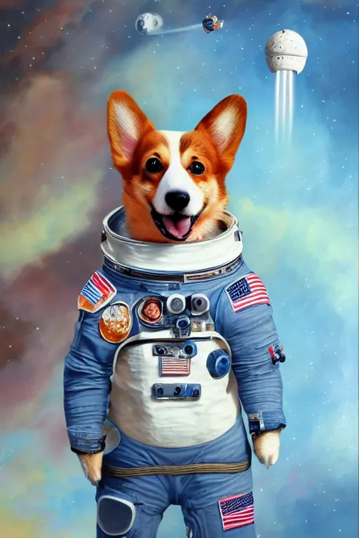 Image similar to corgi puppy as an astronaut, oil on canvas, intricate, portrait, 8 k highly professionally detailed, hdr, cgsociety