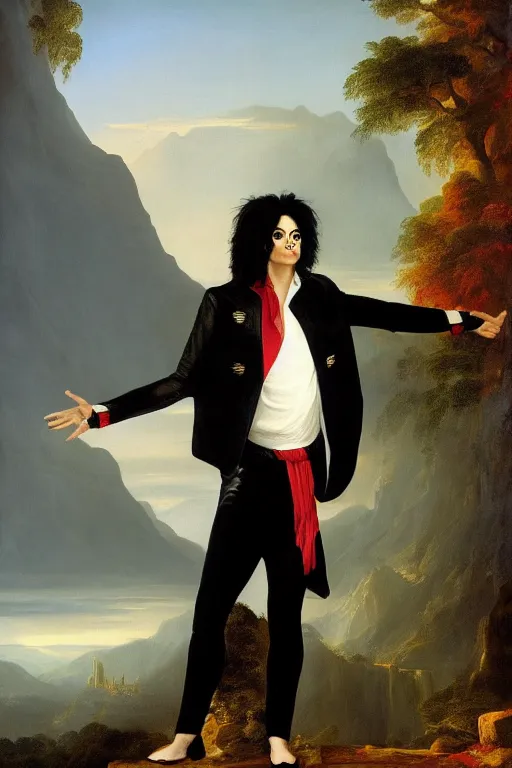 Image similar to individual full body portrait of michael jackson standing against a thomas cole naturalist style backdrop of mount olympus with enormous columns on either side, michael jackson
