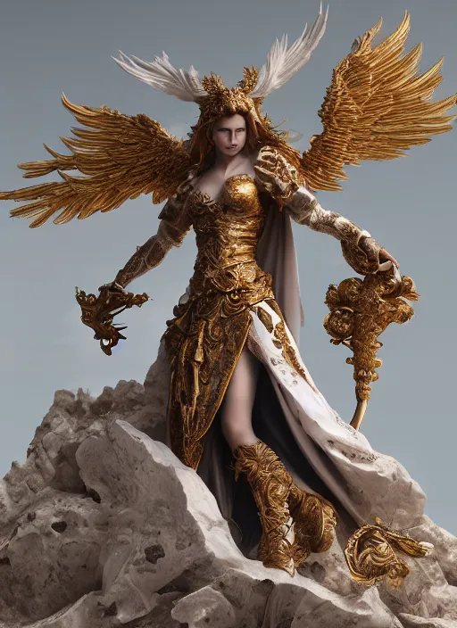 Image similar to high intricate porcelain baroque angelic warrior standing on the edge of a cliff, maria panfilova, andrea savchenko, mike kime, ludovic plouffe, qi sheng luo, oliver cook, trending on artstation