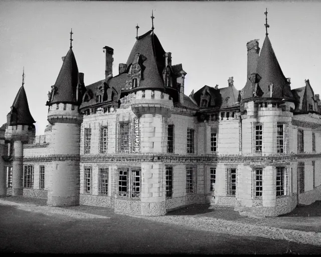 Image similar to old black-and-white photograph of a French castle constructed with lego bricks