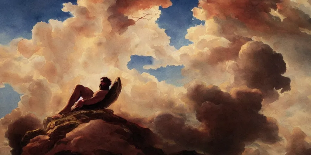 Prompt: a beautiful painting of zeus on his throne by the clouds.