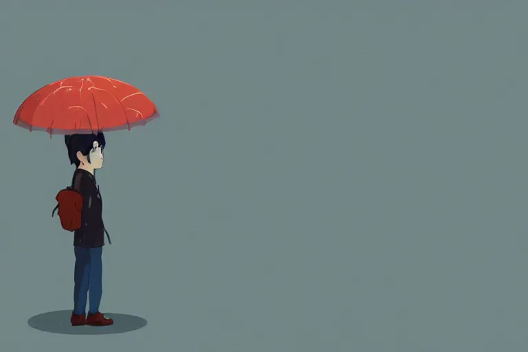 Prompt: A cell animation of a depressed man standing in the rain, Miyazaki Hayao, ghibli style, chin chan, illustration, azure tones, vintage colors, anime, trending on artstation