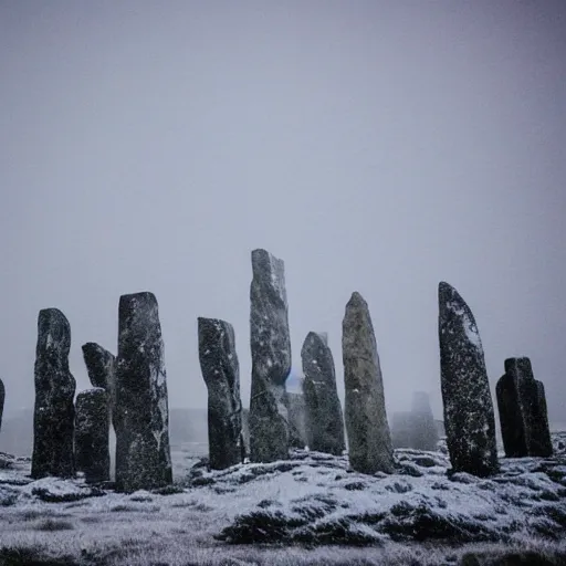 Image similar to 'hundreds of cats play among neolithic standing stones, in a haunting snow storm, fog, atmosphere, brooding clouds'