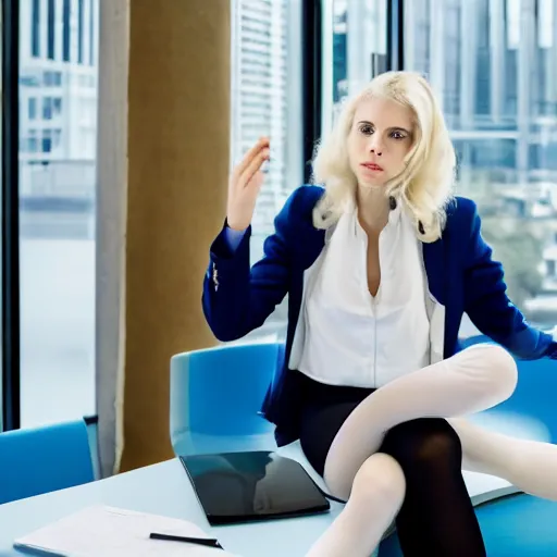 Image similar to 19-year-old Aristocratic platinum-blonde-haired hime-cut blue-eyed French empress wearing white leggings and black jacket, sitting in office, chatting with communist officer, futuristic gadgets, HD photograph
