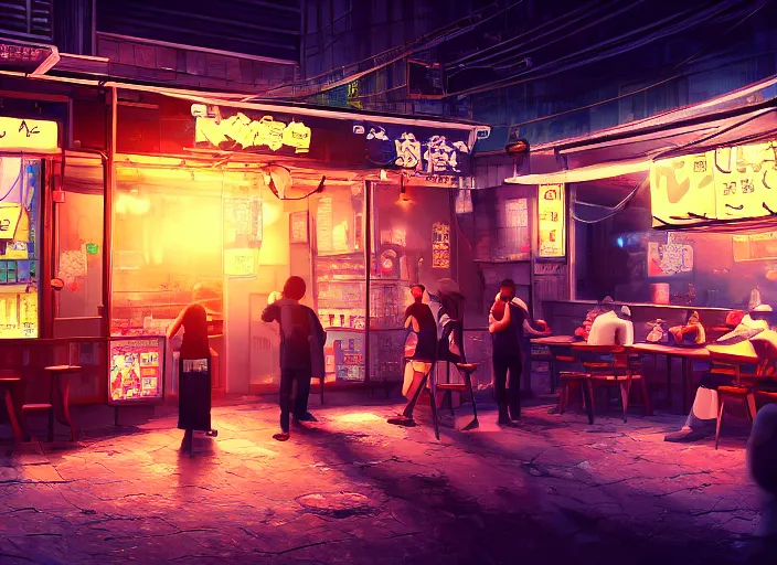 Prompt: seen through a window!! a small cozy ramen restaurant in a busy thriving cyberpunk street at night, trending on cgsociety, unreal engine, 4 k wallpaper
