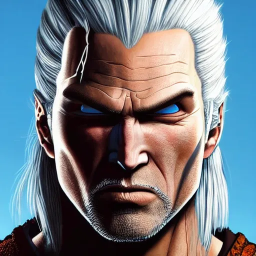 Image similar to ultra realistic portrait painting of geralt of rivia, art by akira toriyama, 4 k, dragon ball artstyle, cel shaded, highly detailed, epic lighting