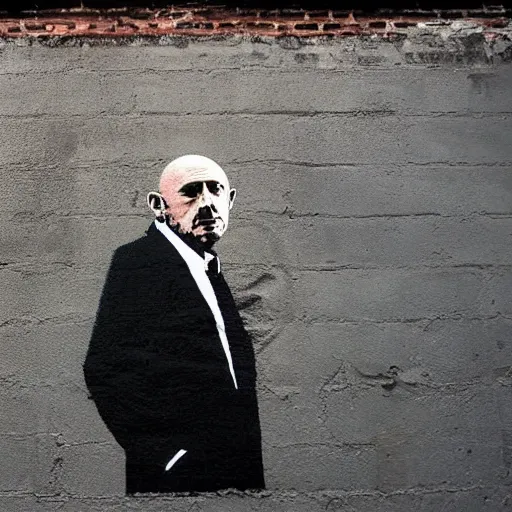 Prompt: jonathan banks, mike ehrmantraut, by banksy, mural