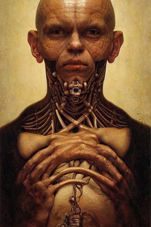 Prompt: beautiful clean oil painting biomechanical portrait of man face by dino valls, wayne barlowe, rembrandt, detailed, propaganda poster, stunning, realistic, skin color